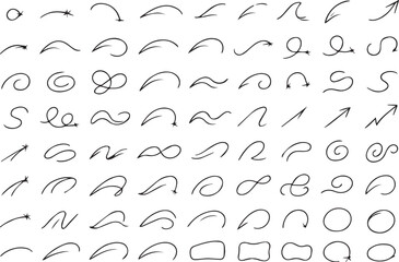 Hand-Drawn Sketch Arrow and Shape Elements Set. Rough Doodle Curved Lines, Loops, and Pointers for Annotation.