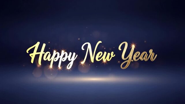 Elegant Golden Happy New Year Script Text Animation with Sparkling Lights and Bokeh on Dark Blue - Powered by Adobe