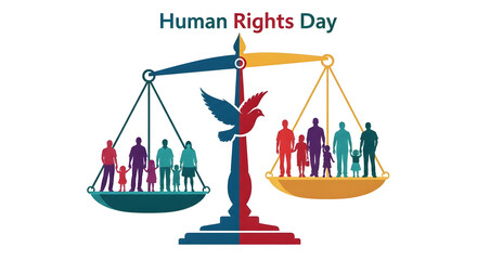 Human Rights Day vector illustration scales balancing diverse people concept for equality and justice isolated on white background