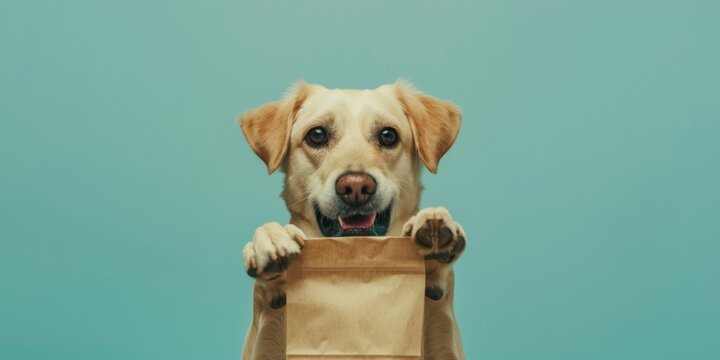 Perrito peque&ntilde;o con mockup bolsa de papel sobre fondo azul, promoci&oacute;n tienda de mascota, perro feliz con bolsa de papel con espacio para copy