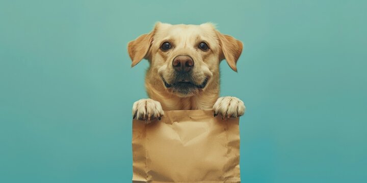 Perrito peque&ntilde;o con mockup bolsa de papel sobre fondo azul, promoci&oacute;n tienda de mascota, perro feliz con bolsa de papel con espacio para copy