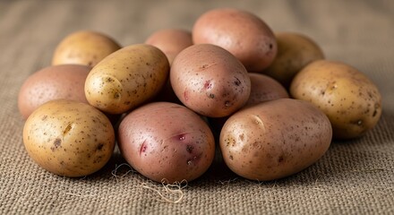 Freshly harvested red potatoes on a rustic burlap surface, ready for cooking.