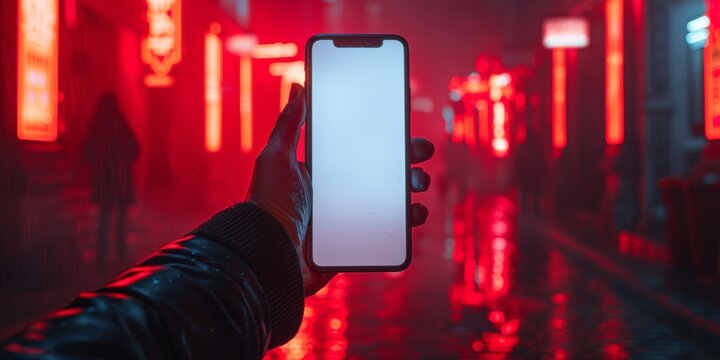 mockup App showcase estilo ne&oacute;n ciudad de noche, m&oacute;vil con fondo futurista rojo y negro, Mockup de smartphone en ciudad ne&oacute;n, app criptomonedas ux ui tech mockup