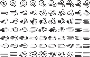 Wind and Air Flow Line Icon Set. Dynamic Motion, Speed, and Energy Abstract Vector Symbols for Weather and Power.