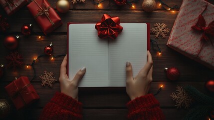 Model showcasing red notebook opening