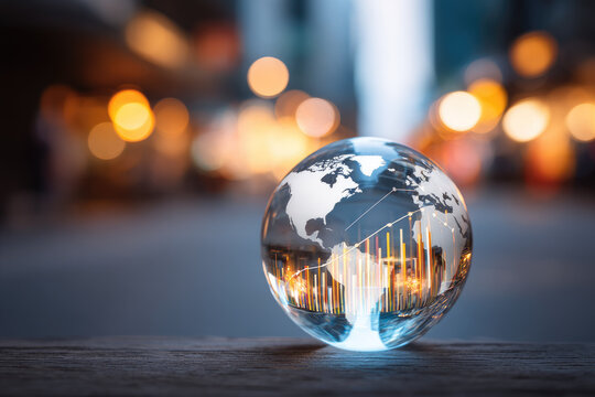 Crystal globe with abstract floating bar and line charts, city street background, warm bokeh lights, global finance concept, modern data visualization, optimistic atmosphere