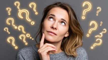 A thoughtful woman ponders a question, surrounded by glowing question marks, representing curiosity and contemplation. Perfect image for themes of inquiry and introspection.