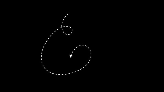 White dashed curving arrow with directional path animation isolated on black background