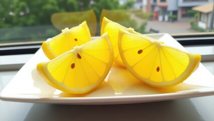 Freshly sliced yellow oranges with seeds on a white plate