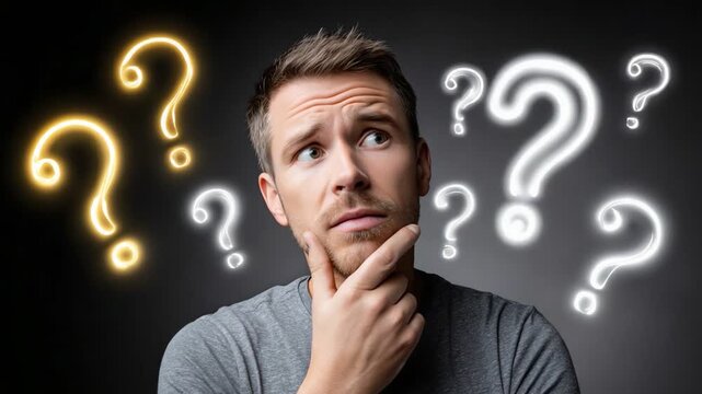 A thoughtful man contemplates life decisions, surrounded by glowing question marks. This image captures introspection and curiosity, reflecting the complexities of human thought.