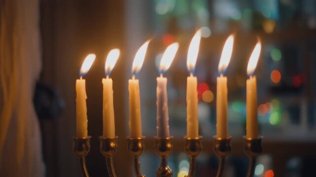 Candlestick Menorah with burning candles for celebration Hanukkah. Holiday season. Close-up.