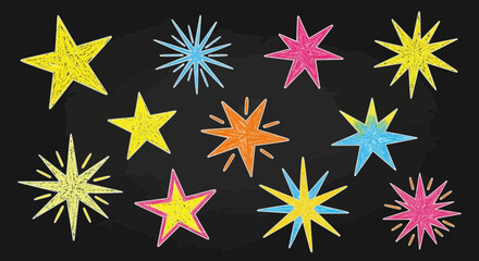 Variety of hand-drawn star shapes in vibrant colors on dark chalkboard background