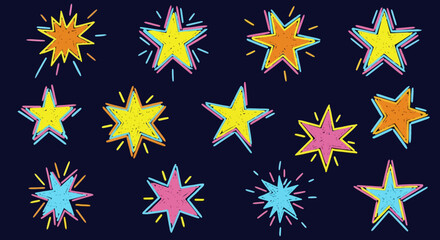 Colorful Stars Hand-Drawn Seamless Pattern on Dark Background Festive Celebration