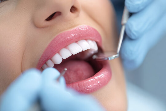 Female dentist examining patients mouth with dental tools, showcasing oral health care and professional dental practice in a bright clinical environment