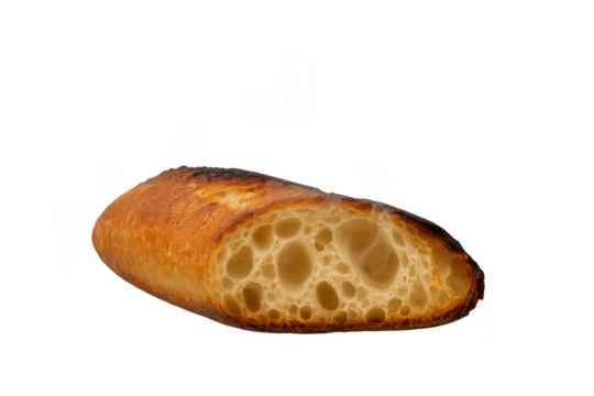 Freshly baked baguette slice for breakfast, a crispy crust and soft interior, transparent background