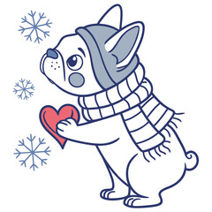 An adorable French Bulldog with a Grumpy vibe, holding a heart, and a Frosty Winter Cozy winter theme – SVG style