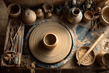 Pottery wheel in action, showcasing a skilled artisan shaping clay into a beautiful vessel, surrounded by tools and materials in a rustic workshop environment