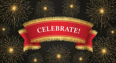 Celebrate Banner with Golden Fireworks Display for Festive Occasions Background