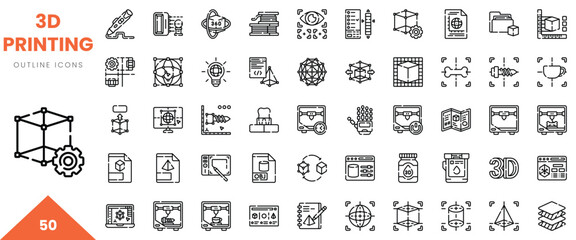 A diverse collection of 3D printing outline icons showcasing various aspects of the technology.