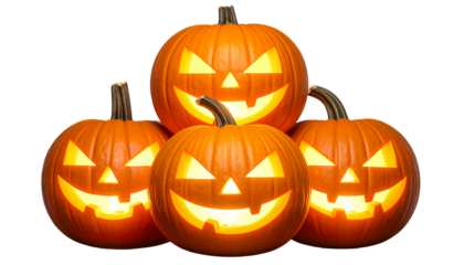 Stack of Four Glowing Halloween Jack-o'-Lanterns Isolated on Transparent Background