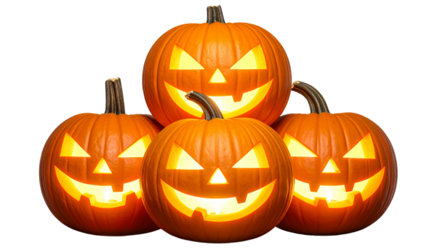 Stack of Four Glowing Halloween Jack-o'-Lanterns Isolated on Transparent Background