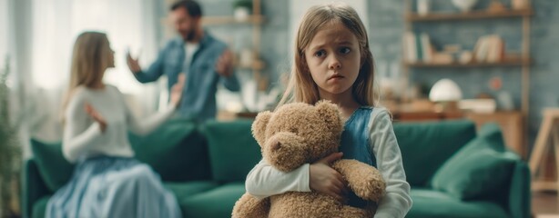The girl clutching a teddy bear while parents argue on the living room couch