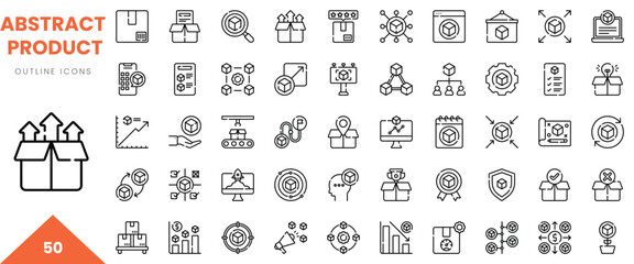 A collection of 50 abstract outline icons representing product concepts and processes.