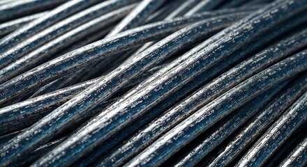 Closeup of textured metallic cables with etched patterns and reflections