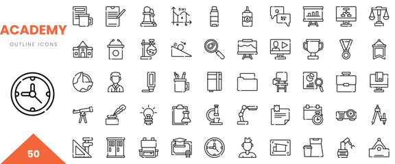 A collection of 50 outline icons representing various academic themes and activities.