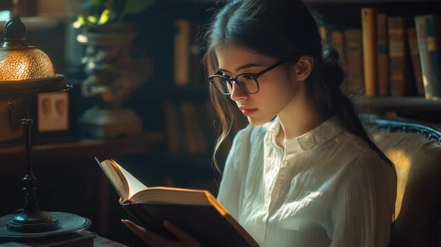 Video A woman sitting in a library, reading a book with a calm and focused expression