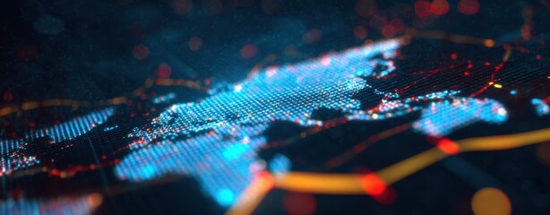 The Digital World Map Composed of Glowing Data Nodes and Network Connections