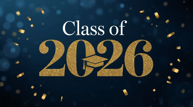 Sparkling gold class of 2026 graduation announcement with falling confetti and bokeh lights