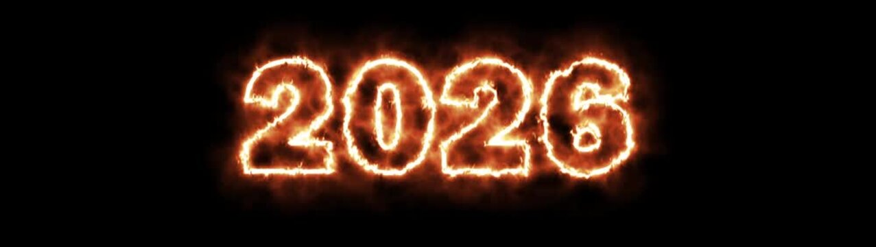 2026 - Numbers with fire on a black background in motion