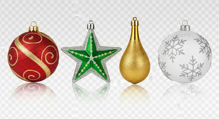 Fototapeta premium A collection of exquisite Christmas ornaments, in red, green, gold, and white, showcasing the joyous spirit of the holiday season, with a reflective surface adding depth and elegance.