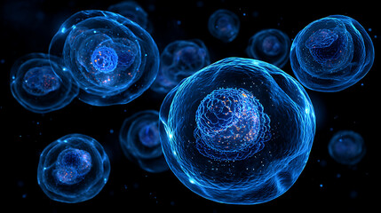 Glowing blue biological cells with intricate internal structures biology microscopic