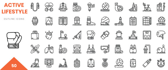 A collection of 50 outline icons depicting various elements of an active lifestyle.