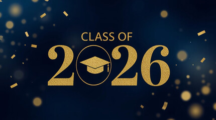 Sparkling golden class of 2026 graduation announcement with falling confetti