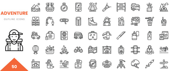 Male adventurer with backpack, surrounded by adventure-themed outline icons.