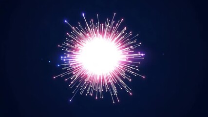 Glowing abstract particle explosion with pink and white light trails on dark blue background - Powered by Adobe