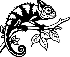A detailed black and white illustration of a chameleon resting on a branch. The chameleon is positioned on the right side of the frame, facing slightly to the left, with its head turned to look at the