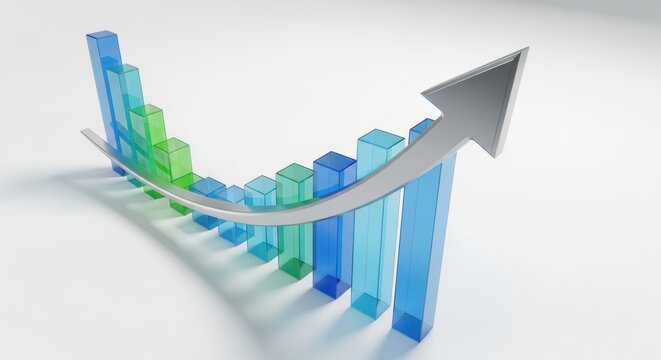 A vibrant transparent bar graph depicting financial growth with an upward trending arrow