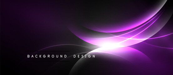 Dark purple abstract background. Smooth curves radiate from bright central light source. Modern design element for digital projects.