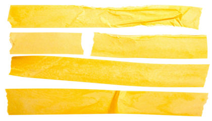 Set of Torn Yellow Adhesive Tape Strips Isolated on Transparent Background
