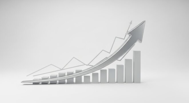 Ascending graph with dynamic arrow symbol, projecting progression in white monochrome