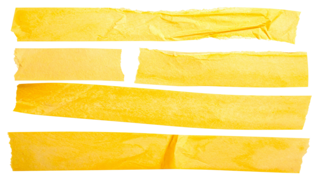 Set of Torn Yellow Adhesive Tape Strips Isolated on Transparent Background
