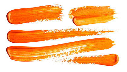 Set of Vibrant Orange Paint Brush Strokes Isolated on Transparent Background