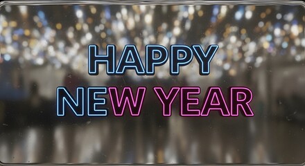 A festive happy new year greeting card with glowing lights and neon text