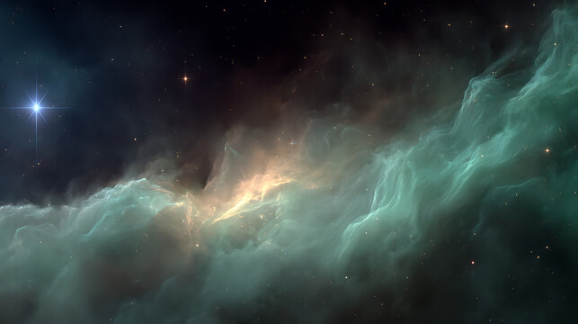 Glowing cosmic clouds with distant stars and bright celestial body nebula space