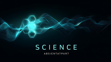 Glowing cyan molecular structure and wave patterns on dark blue background science chemical bonds