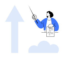 Person holding report and pointing upward near arrow and cloud, signaling progress, education, training, analysis, business strategy, success, leadership. Ideal for growth symbol simple flat